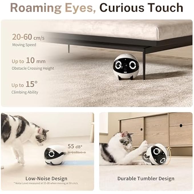 rayihni كاميرا روبوت رولا ميني 2K للحيوانات، كاميرا روبوت متنقلة للحيوانات الأليفة مع تطبيق، مكالمة باللمس، صوت ثنائي الاتجاه، رؤية ليلية بالأشعة تحت الحمراء، كاشف حركة وفيديو - Image 4